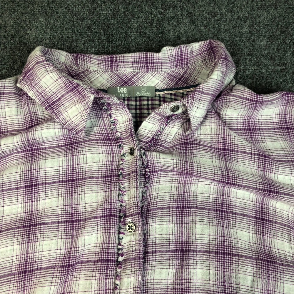 Lee Riders Womens 2X Plus Purple White Plaid Button Up Long Sleeve Shirt Ruffled - Picture 6 of 9
